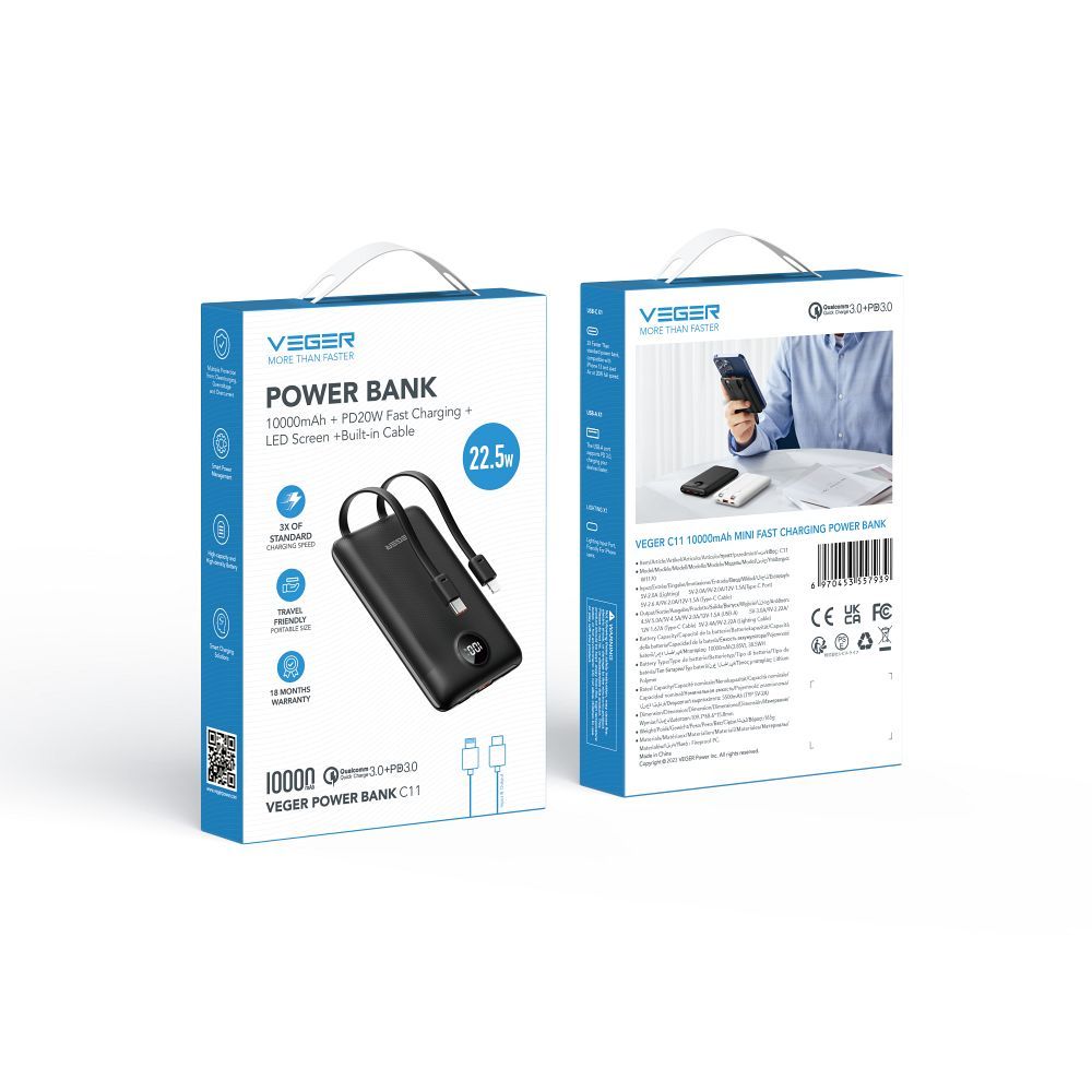 Baterie externă VEGER 10.000 mAh cu cabluri încorporate Tip C / Lightning PD QC3.0 2A 22.5W, C11 (W1170), negru