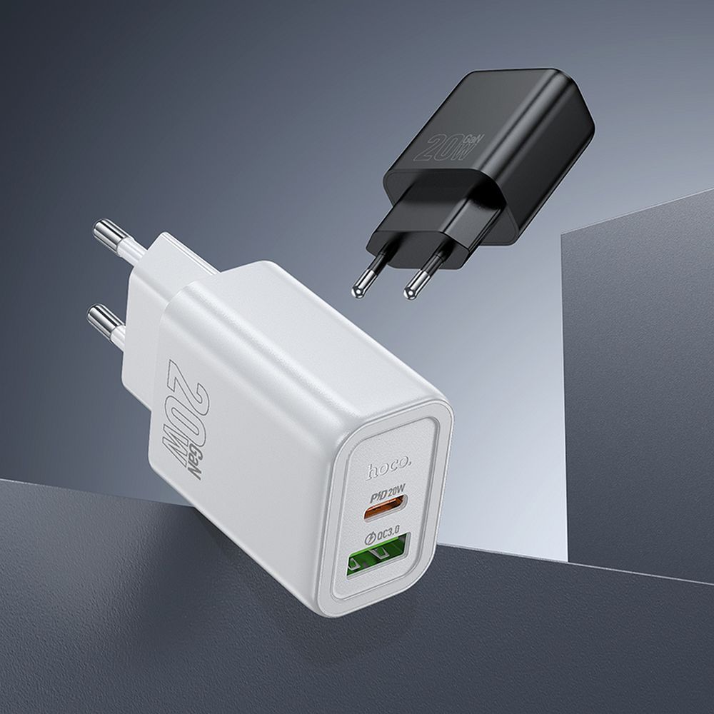 Încărcător telefon USB-A + USB-C cu cablu USB-C la Lightning, QC3.0 PD, 3A, 20W, Hoco N61, alb