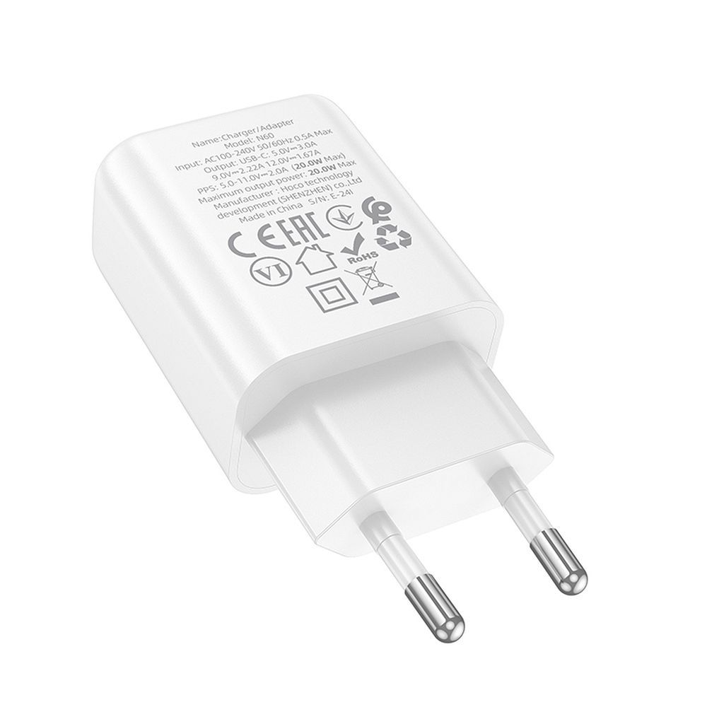 Încărcător telefon USB-C, PD QC, 20W, Hoco N60, alb