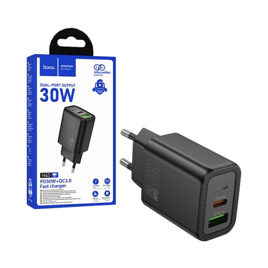 Încărcător rețea hoco. USB-A și USB-C, PD QC3.0 3A, 30W, N63, negru