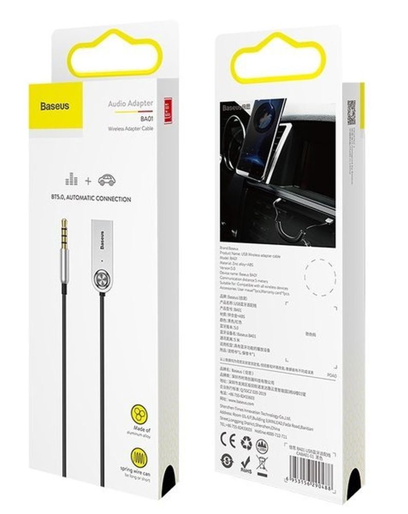 Receptor audio bluetooth 5.0 Baseus BA01 pentru mașină, Adaptor AUX Jack 3.5mm, alimentare USB, Microfon Incorporat Handsfree, Cablu Spiralat, Negru