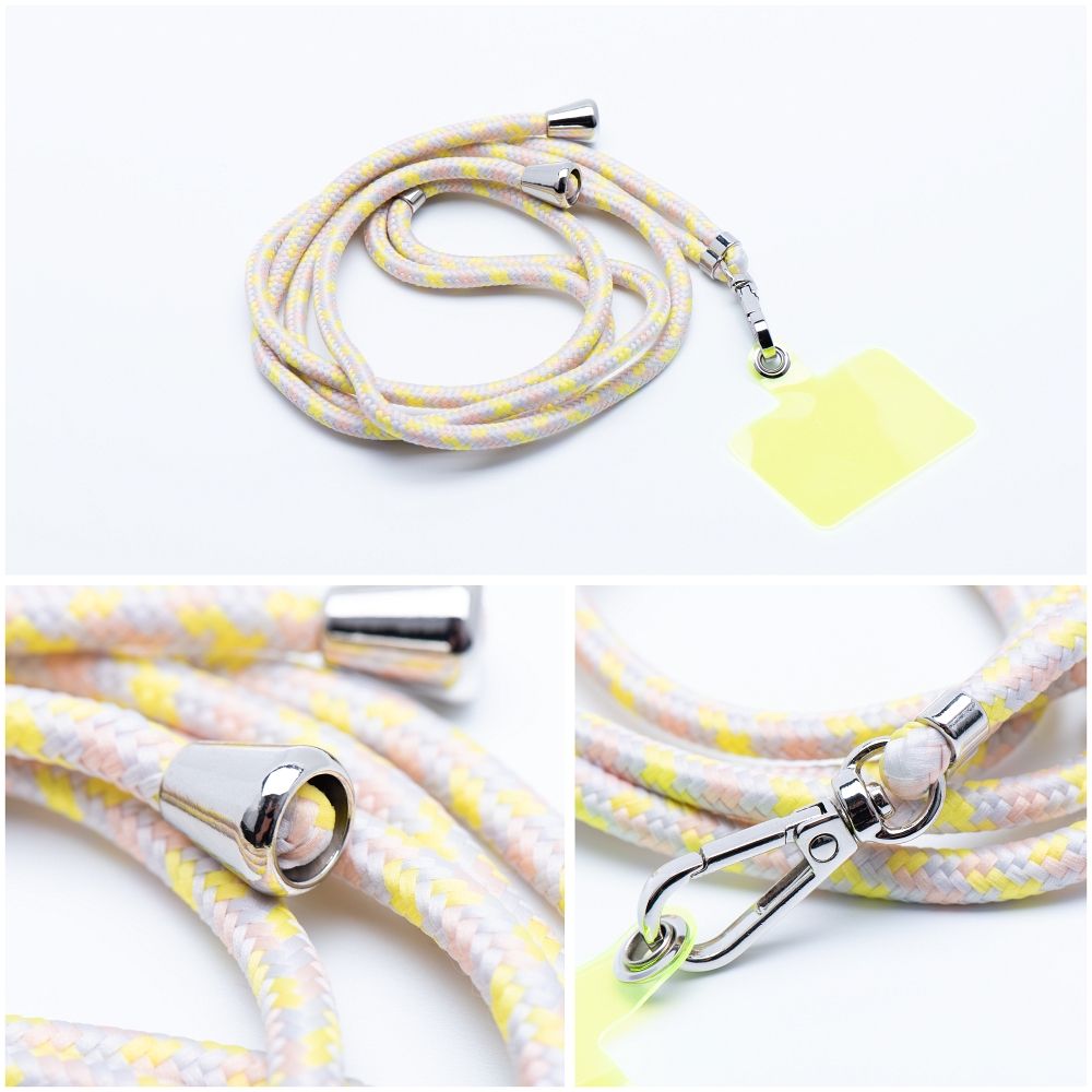 Șnur telefon SWING (6mm), pandantiv cu lungime reglabilă / lungime cablu 165cm (max 82,5cm în buclă) / pe umăr sau gât – gri-galben
