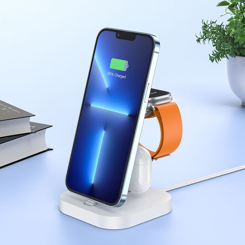 Încărcător wireless hoco. 3 în 1 pentru iPhone cu Lightning, alb
