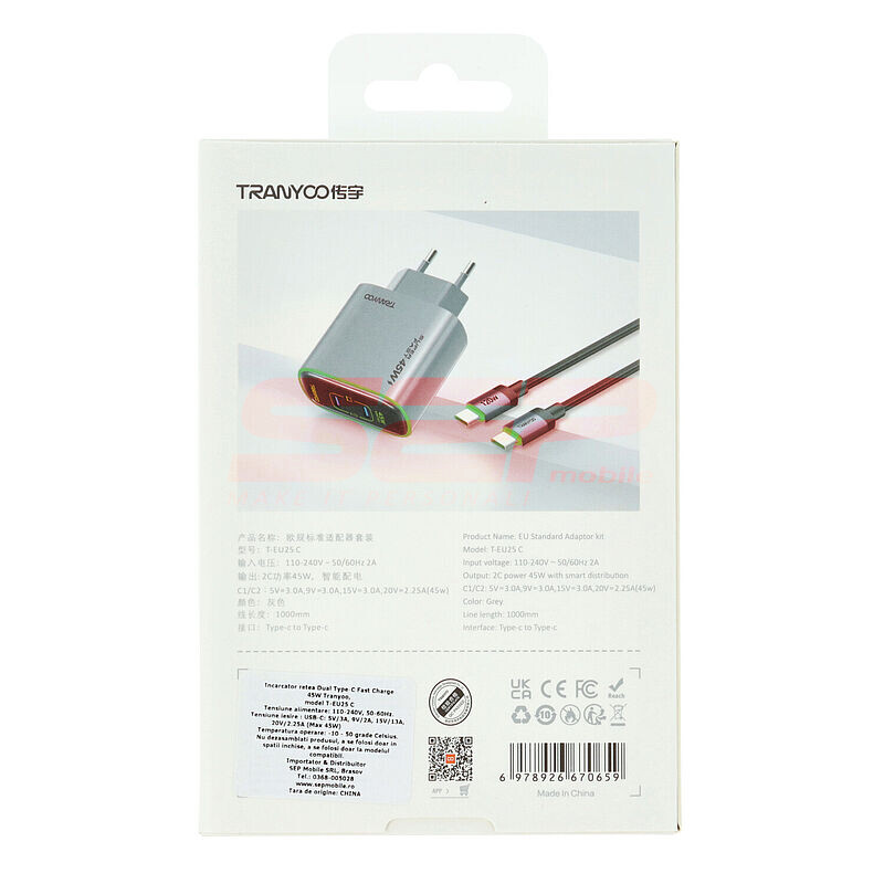 Incarcator retea Fast Charge 2 x USB-C cu cablu Type-C 45W Tranyoo T-EU25 C