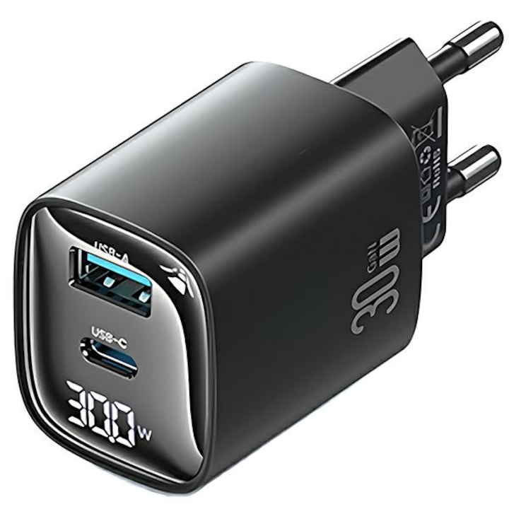 Incarcator retea Usams, 30W, USB-C, USB-A, GaN, negru