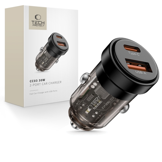 Încărcător auto Tech-Protect CC03 cu 2 porturi USB-A, USB-C, PD 30W / QC 3.0, negru