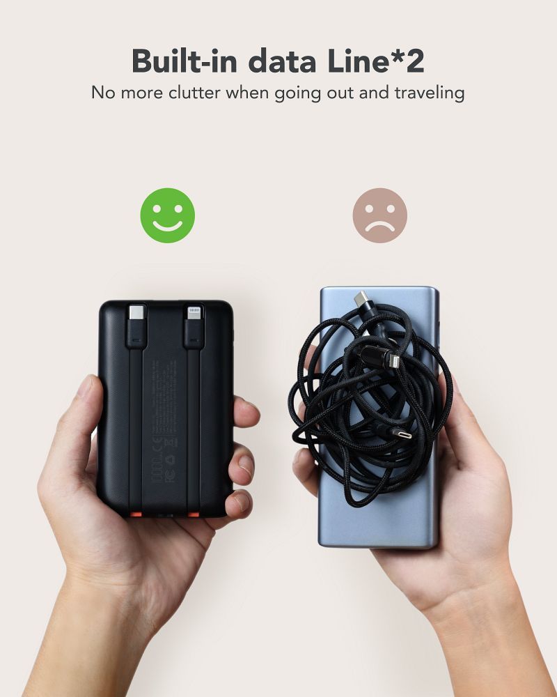Baterie externă VEGER 10.000 mAh cu cabluri încorporate Tip C / Lightning PD QC3.0 2A 22.5W, C11 (W1170), negru