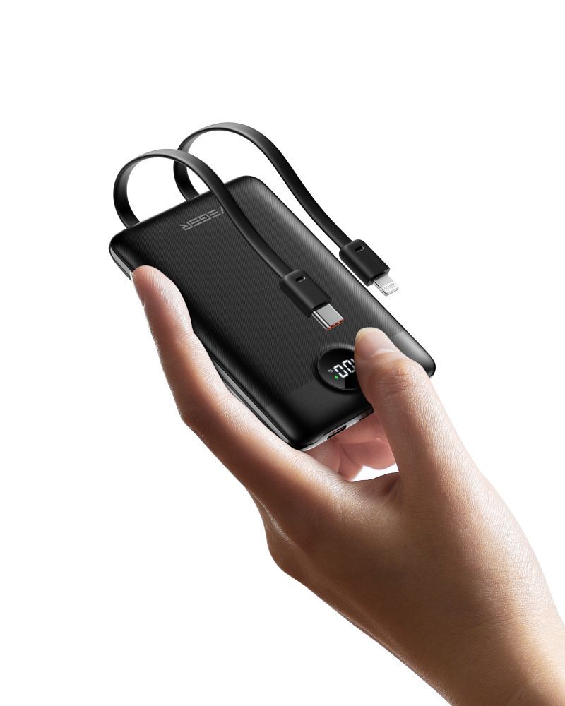 Baterie externă VEGER 10.000 mAh cu cabluri încorporate Tip C / Lightning PD QC3.0 2A 22.5W, C11 (W1170), negru