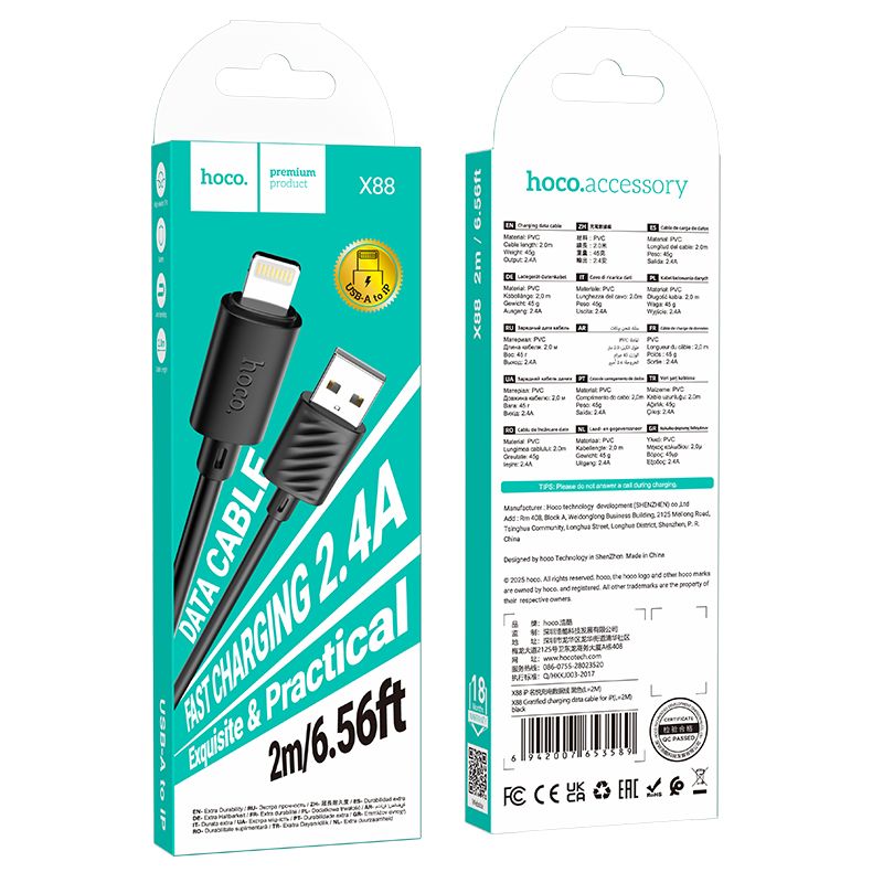 Cablu date și încărcare USB-A la Lightning, 2.4A, 2 m, Hoco X88, negru