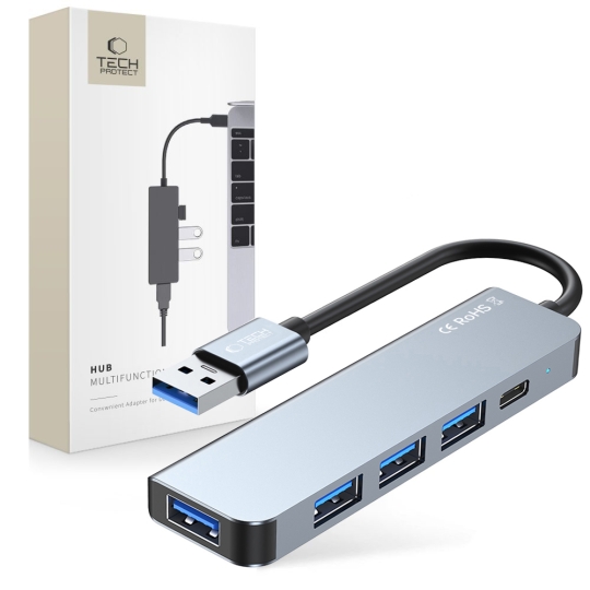 Adaptor HUB aluminiu 5-in-1 Tech-Protect V0, USB – 3x USB 2.0, 1x USB 3.0, 1x USB Type-C, Gri