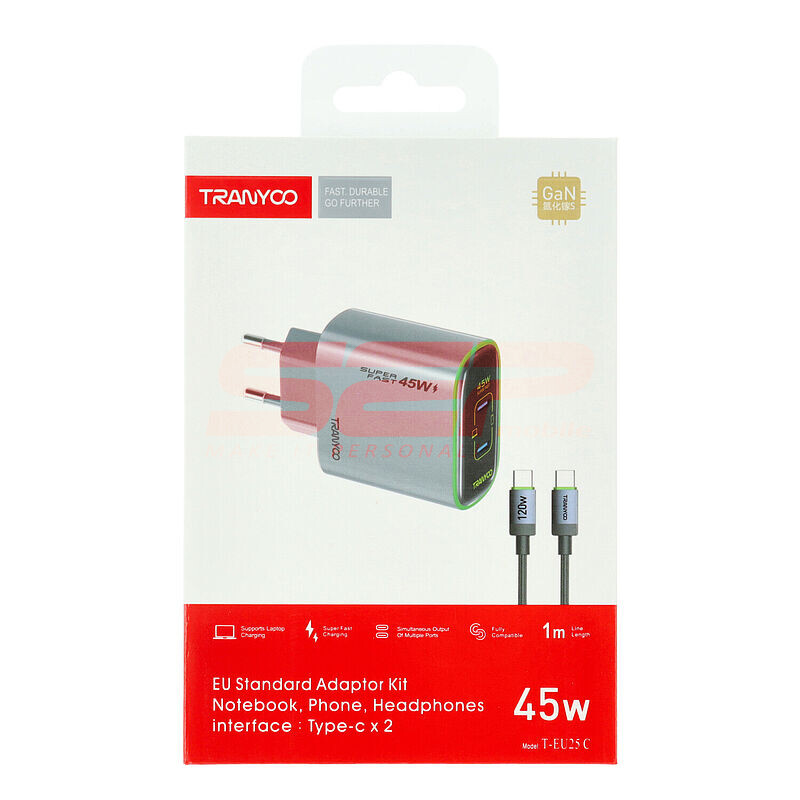 Incarcator retea Fast Charge 2 x USB-C cu cablu Type-C 45W Tranyoo T-EU25 C
