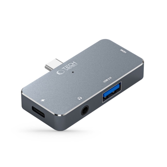 Adaptor HUB aluminiu 4-in-1 TECH-PROTECT V6, USB-C – 1x USB 3.0, 1x USB-C 100W, 1x HDMI 4K 30Hz, 1x Jack 3.5mm, Gri