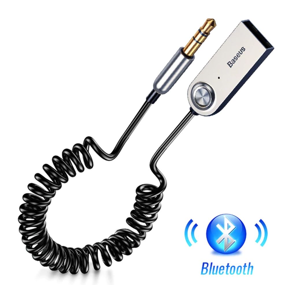 Receptor audio bluetooth 5.0 Baseus BA01 pentru mașină, Adaptor AUX Jack 3.5mm, alimentare USB, Microfon Incorporat Handsfree, Cablu Spiralat, Negru