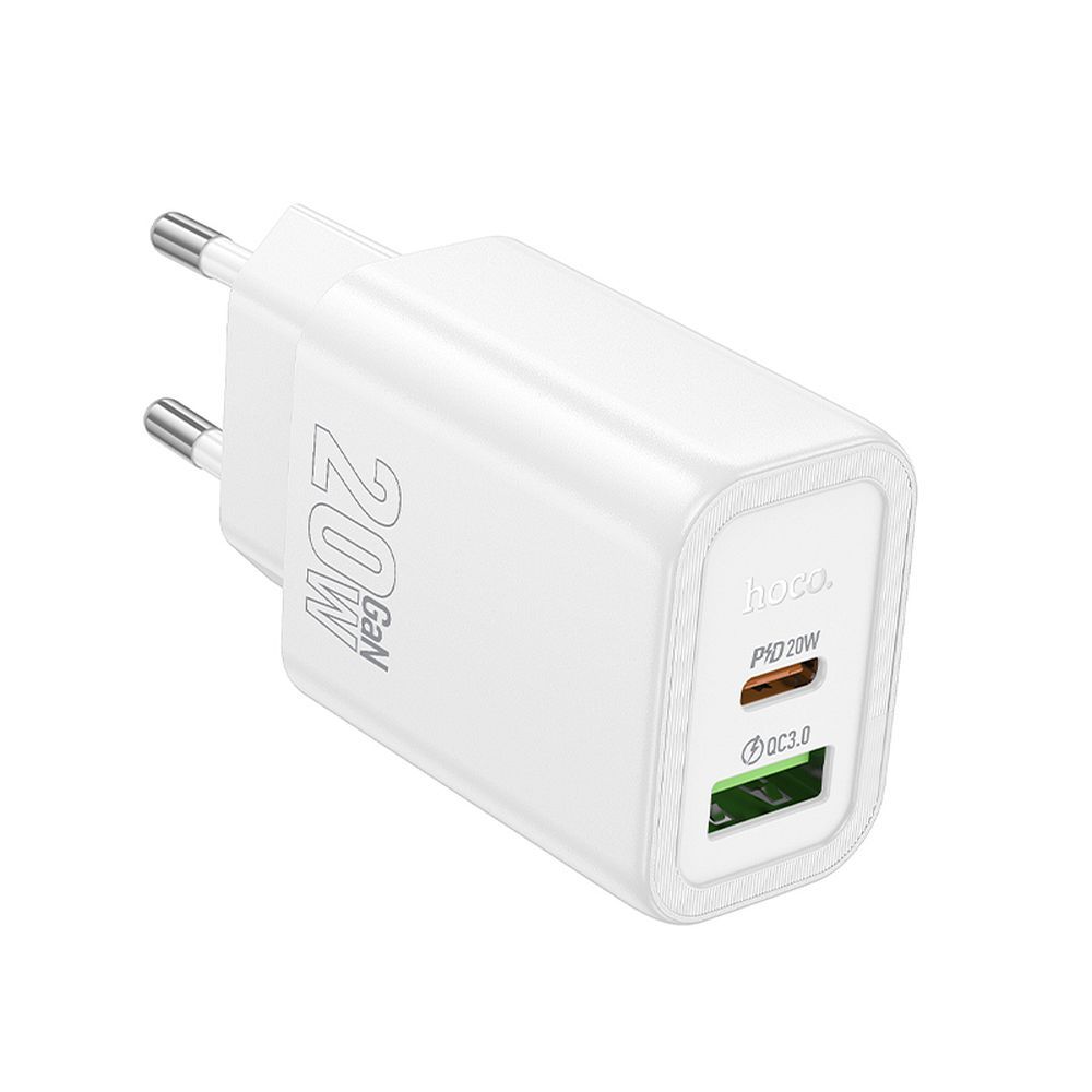 Încărcător telefon USB-A + USB-C, QC3.0 PD, 3A, 20W, Hoco N61, alb