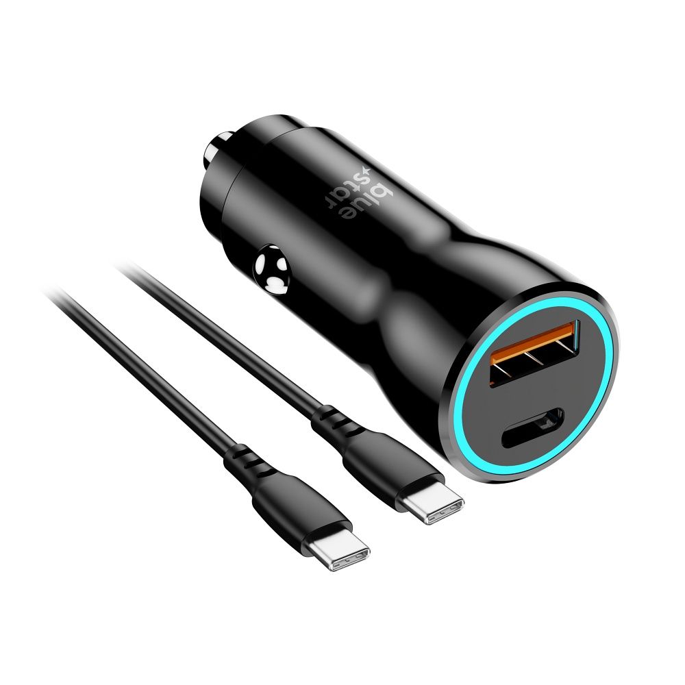 Încărcător auto Blue Star USB C + USB A QC3.0 PD AFC PPS 3A 30W + cablu USB C la USB C, negru