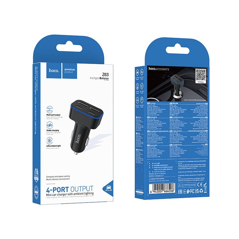 Încărcător auto 2xUSB A + 2xUSB C PD QC3.0, 42W, Hoco Z63, negru