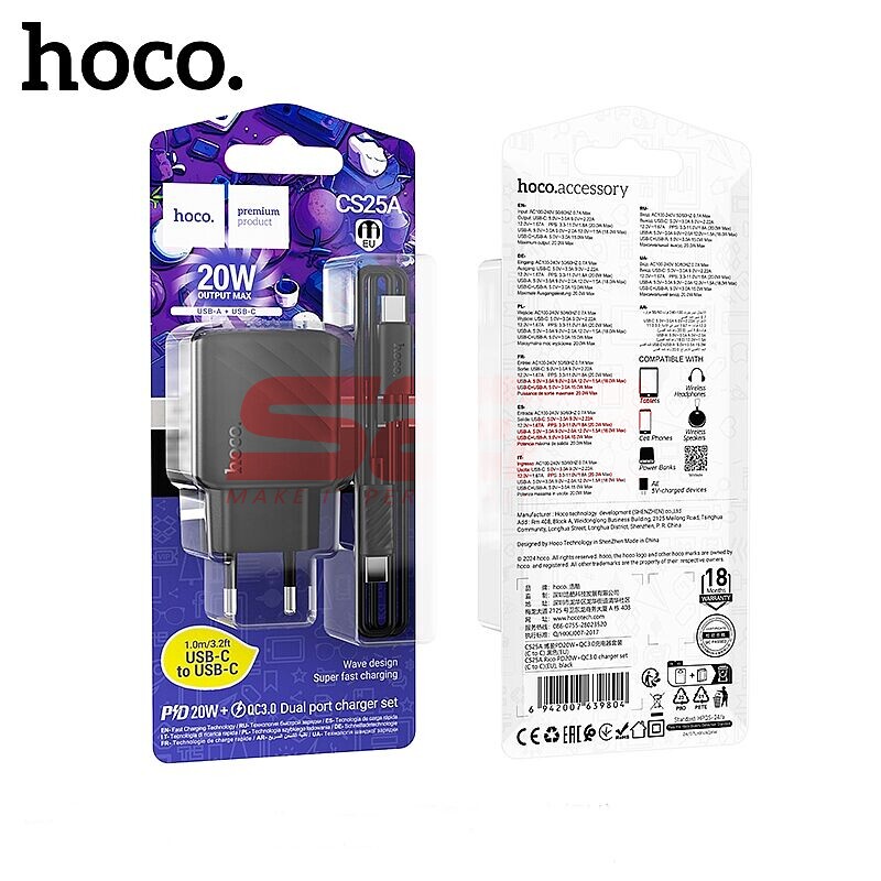 Incarcator retea Fast Charge USB-A + USB-C cu cablu Type-C 20W Hoco. CS25A