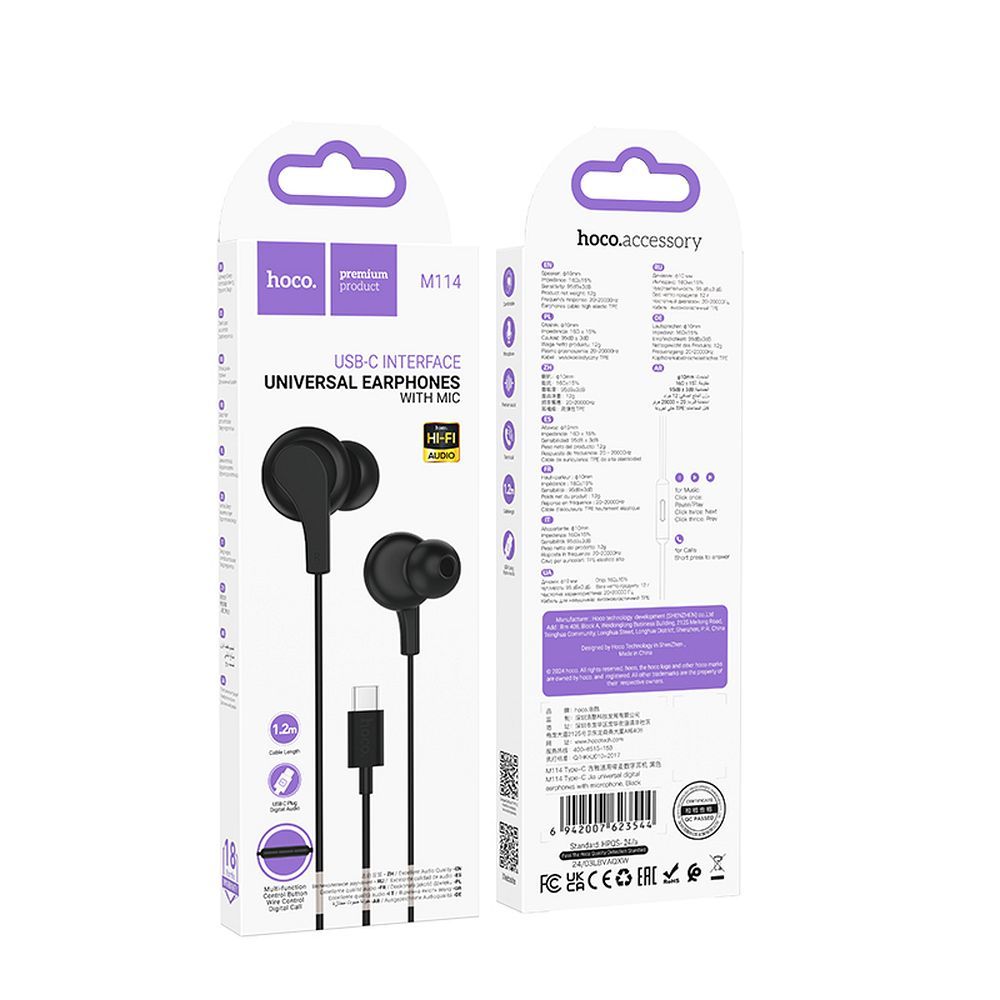 Căști cu fir USB-C, microfon, Hoco M114, negre