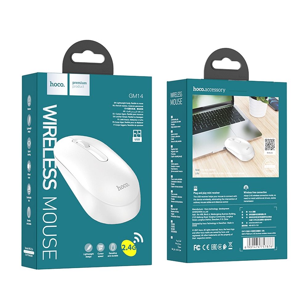 Mouse wireless hoco. 2,4G 1200 dpi GM14, alb