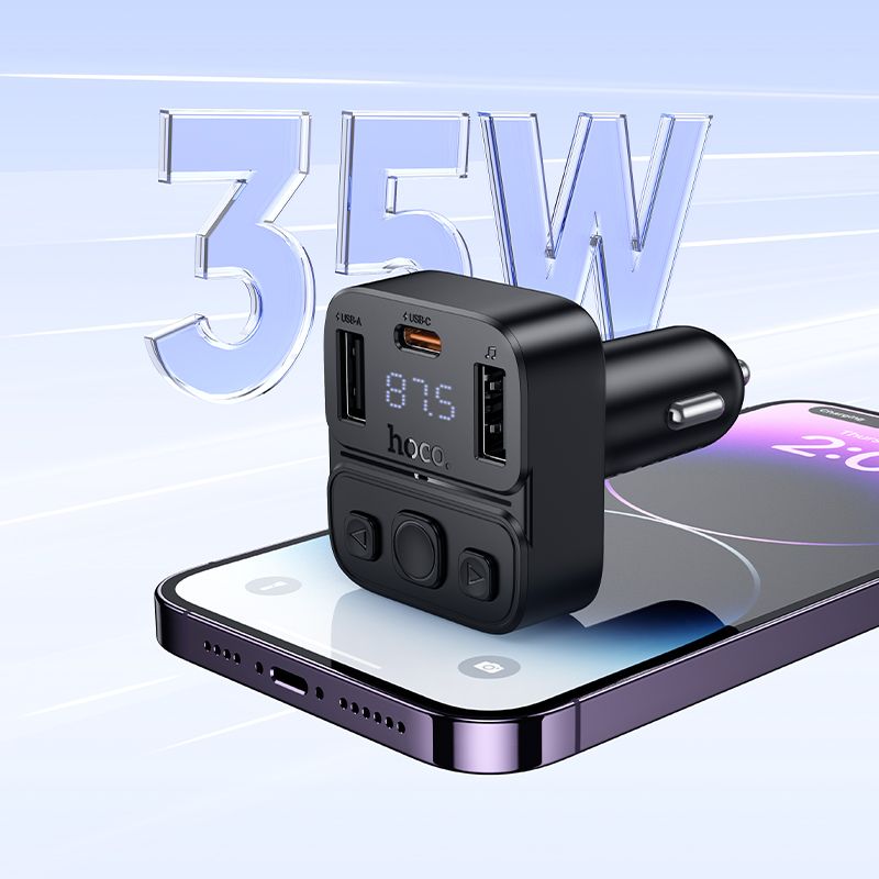 Transmițător auto bluetooth hoco. USB A + USB C QC PD 35W, E87, negru