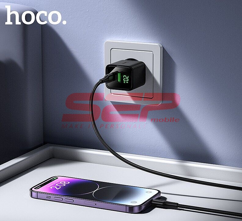 Incarcator retea Fast Charge USB-A + USB-C cu cablu Lightning 20W si display digital Hoco. CS83A
