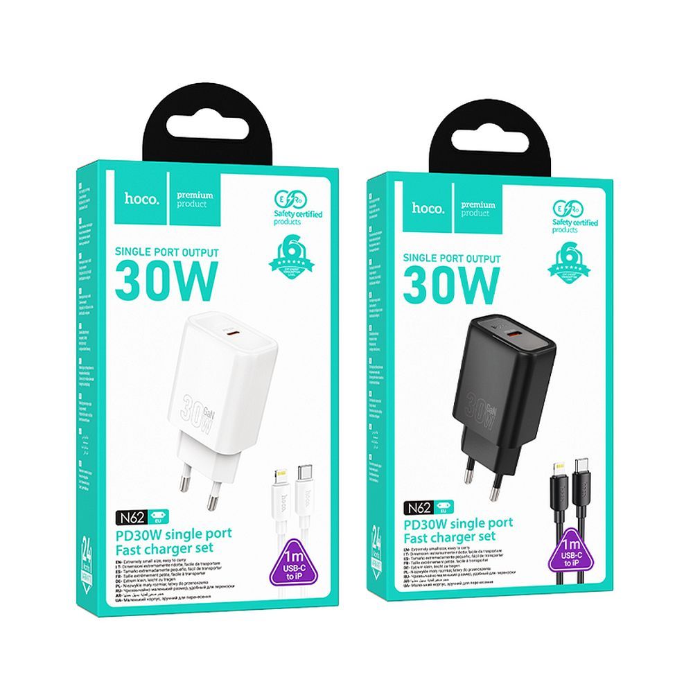 Încărcător telefon USB-C cu cablu USB-C la Lightning, PD QC 30W, 1m, Hoco N62, negru