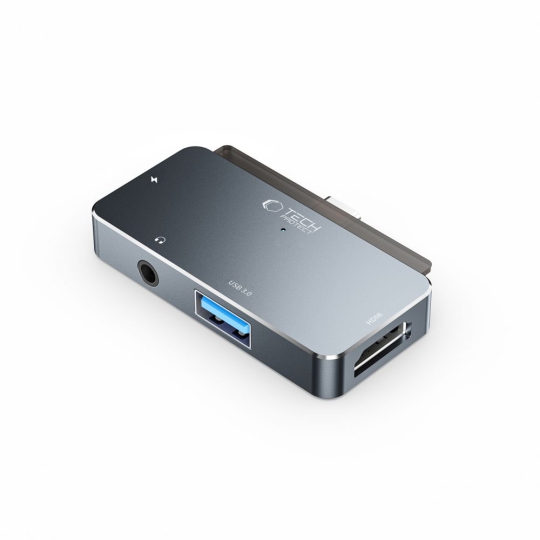 Adaptor HUB aluminiu 4-in-1 TECH-PROTECT V6, USB-C – 1x USB 3.0, 1x USB-C 100W, 1x HDMI 4K 30Hz, 1x Jack 3.5mm, Gri