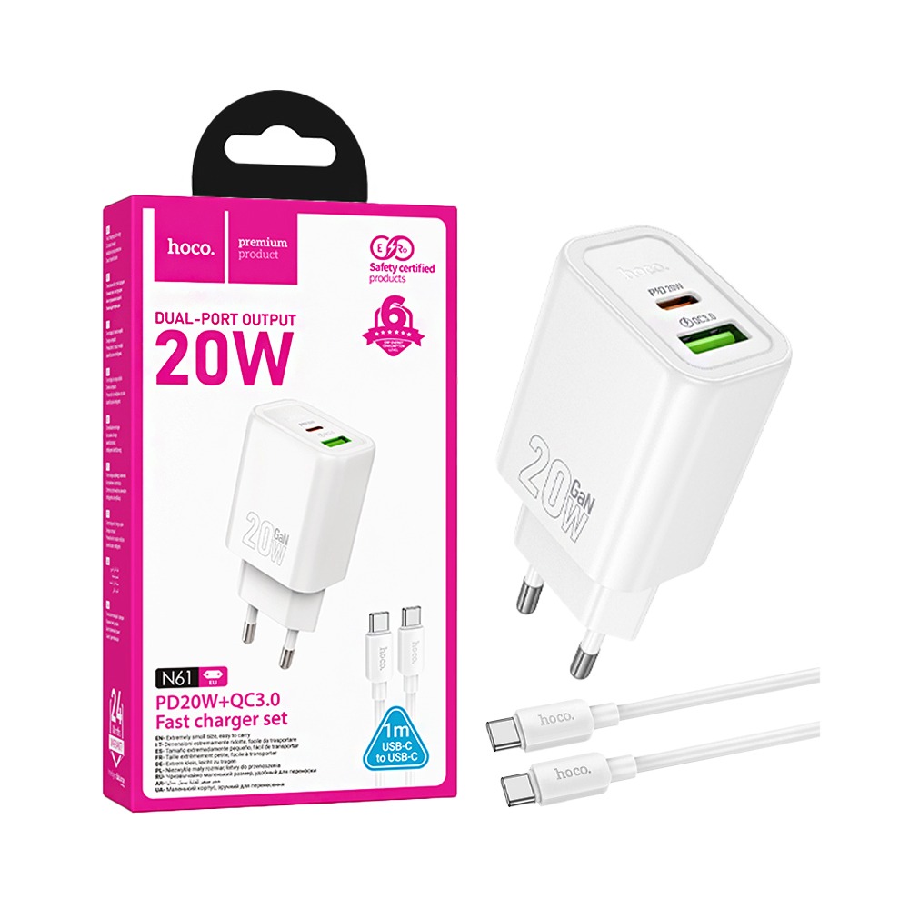 Încărcător telefon hoco. USB-A + USB-C QC3.0 PD 3A 20W + cablu USB-C la USB-C, N61, alb