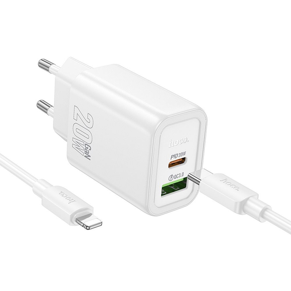 Încărcător telefon USB-A + USB-C cu cablu USB-C la Lightning, QC3.0 PD, 3A, 20W, Hoco N61, alb