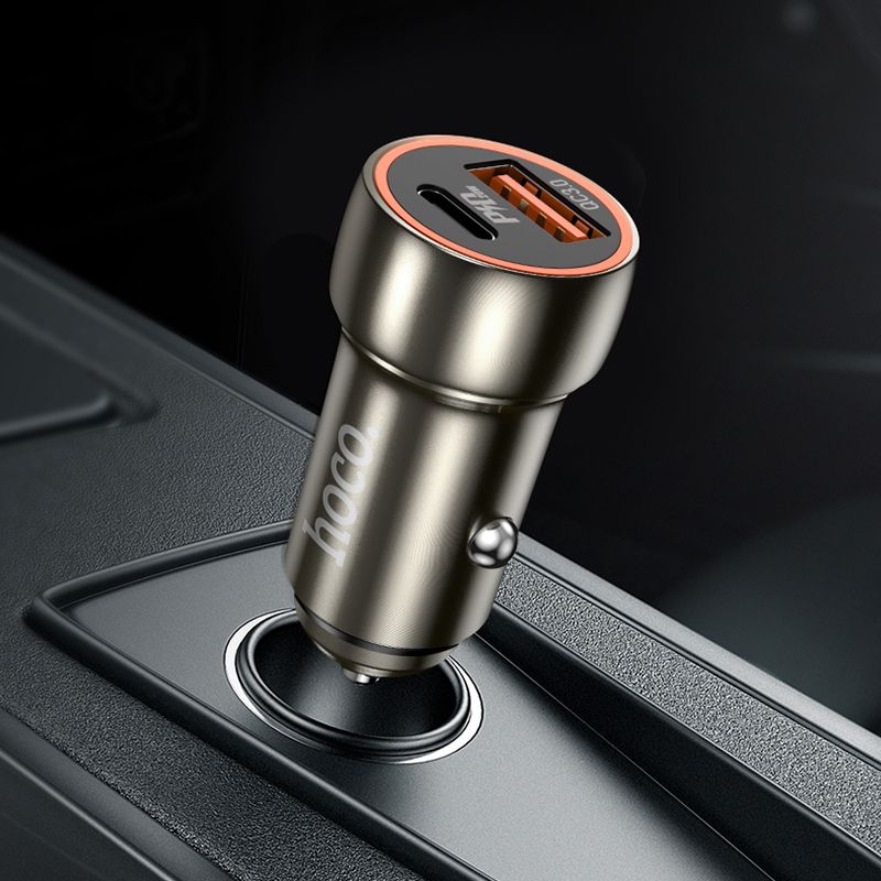 Încărcător auto USB-A și USB-C, QC3.0 PD, 20W, Hoco Z46A, gri