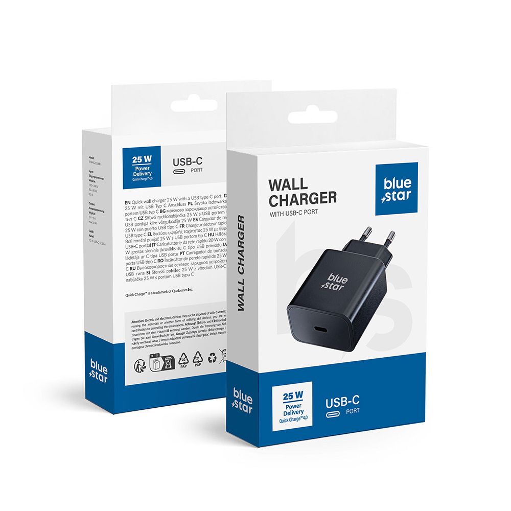 Încărcător rețea Blue Star, USB-C, 25W, Quick Charge 4.0, negru