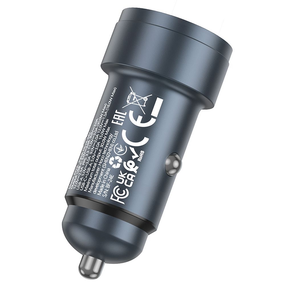 Încărcător auto USB-A + USB-C PD QC3.0, 3A, 30W, Hoco Z57A, gri metalizat