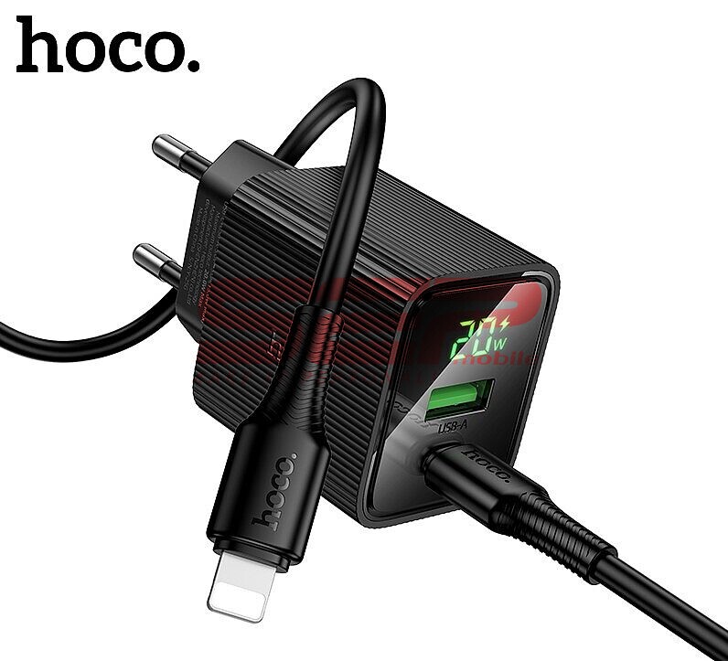 Incarcator retea Fast Charge USB-A + USB-C cu cablu Lightning 20W si display digital Hoco. CS83A