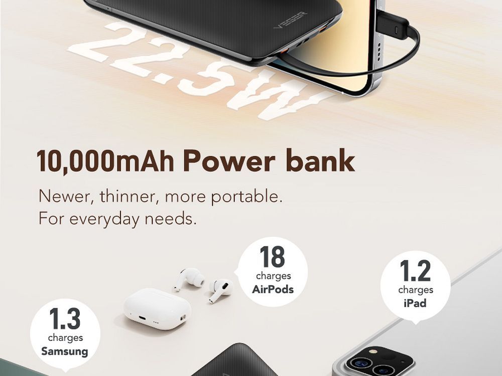 Baterie externă VEGER 10.000 mAh cu cabluri încorporate Tip C / Lightning PD QC3.0 2A 22.5W, C11 (W1170), negru