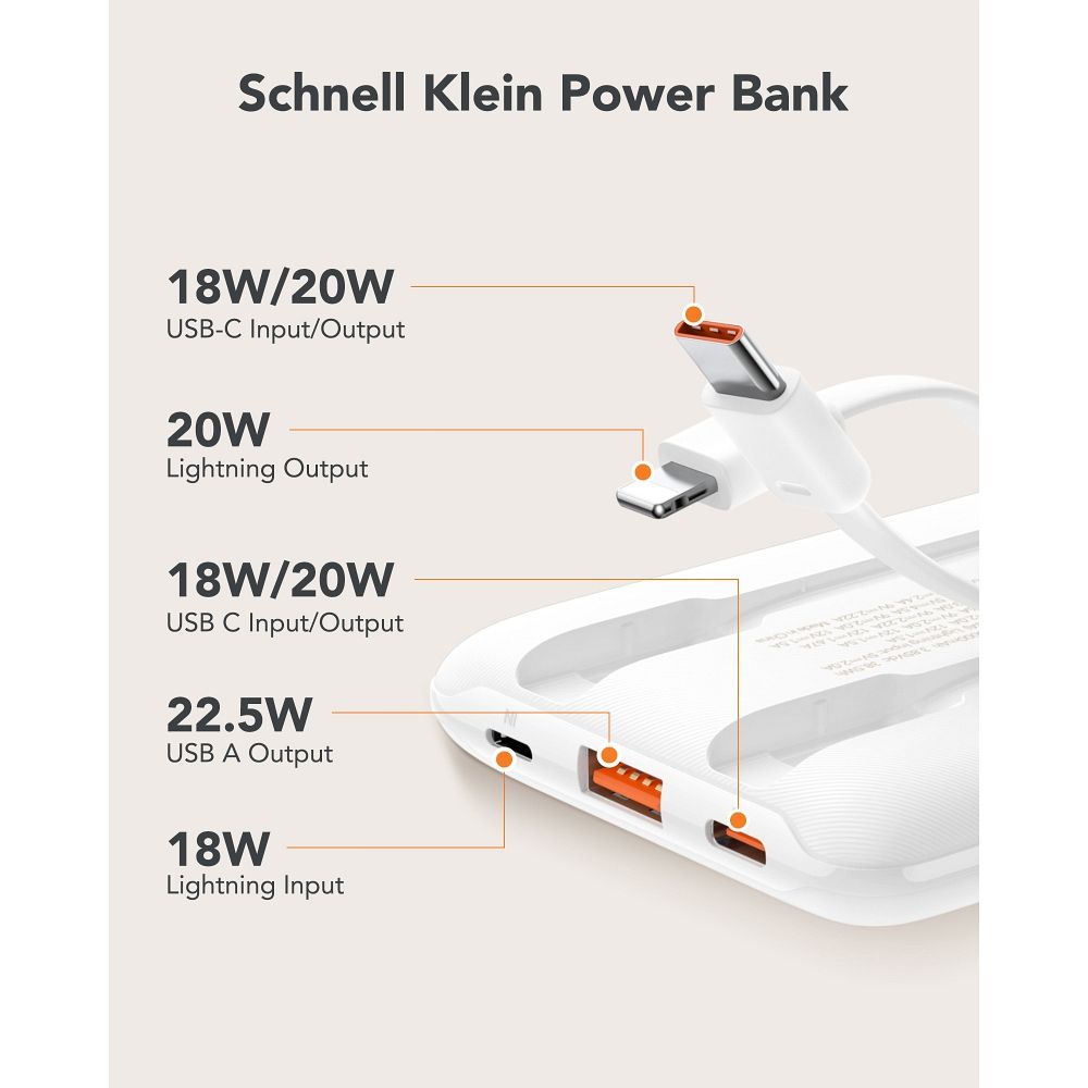 PowerBank VEGER 22.5W, 10.000 mAh, cu cabluri încorporate, alb