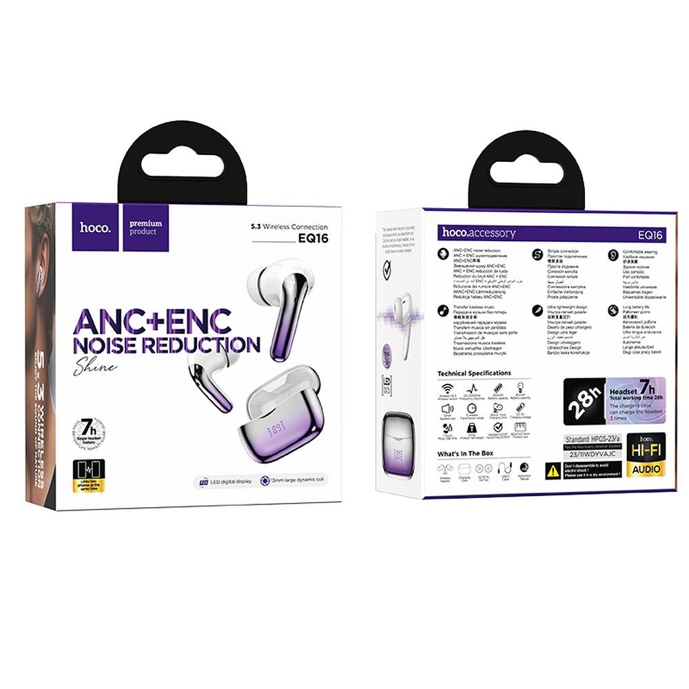 Căști wireless hoco. cu bluetooth, TWS, ANC + ENC, EQ16, violet