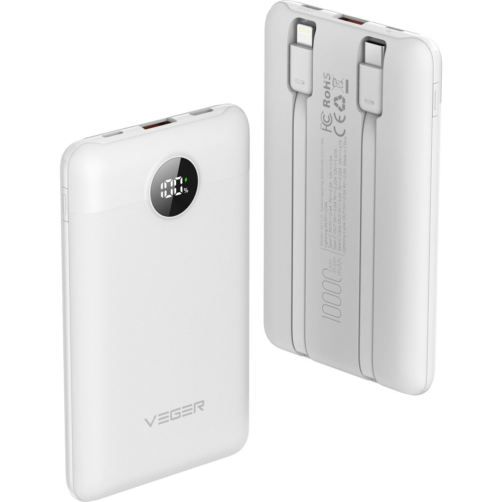 PowerBank VEGER 22.5W, 10.000 mAh, cu cabluri încorporate, alb