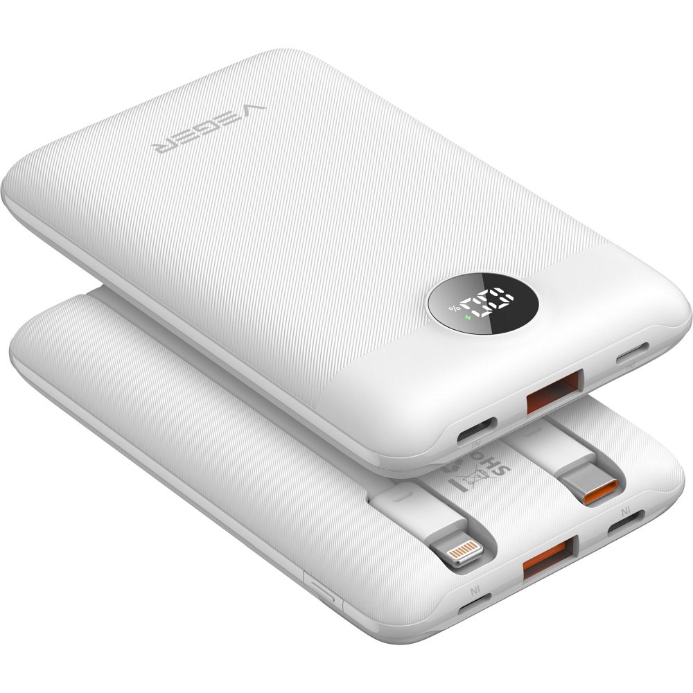 PowerBank VEGER 22.5W, 10.000 mAh, cu cabluri încorporate, alb