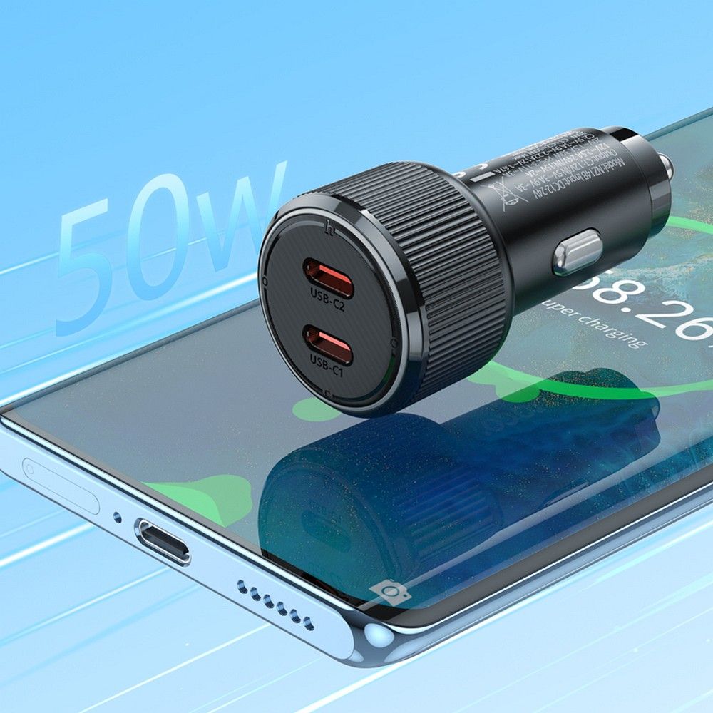 Încărcător auto 2xUSB-C QC PD, 50W, Hoco NZ14B, negru