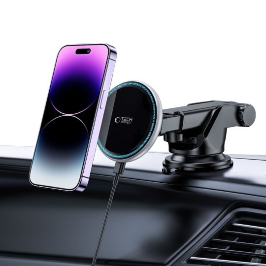 Suport auto Tech-Protect A2 magnetic, compatibil MagSafe, Încărcare wireless 15W, cablu USB-C inclus, negru