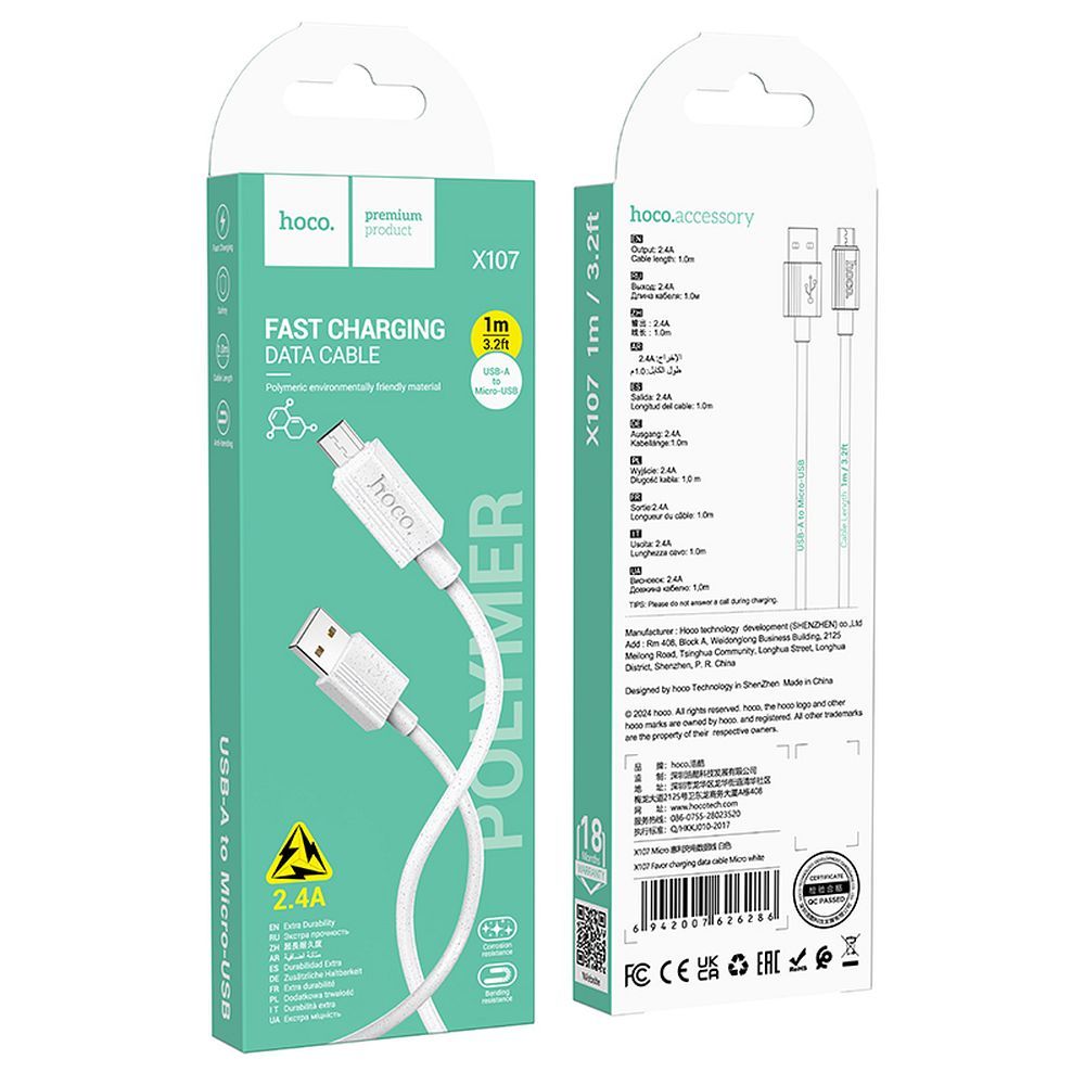 Cablu date și încărcare USB-A la Micro-USB, 2.4A, Hoco X107, 1 m, gri