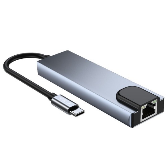 Hub USB-C 5 în 1 Tech-Protect V3, Aluminiu, HDMI 4K, RJ45 Gigabit Ethernet, USB-C Power Delivery, 2x USB 3.0, gri