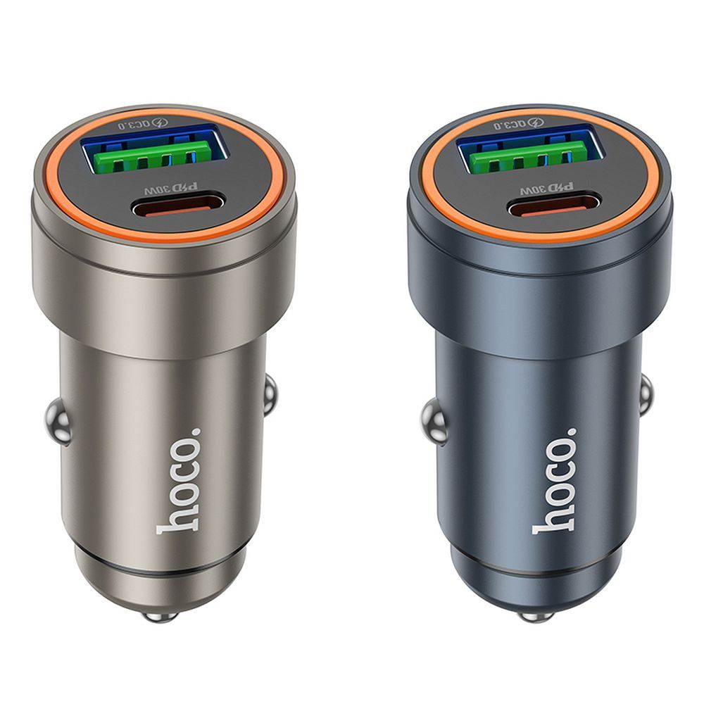 Încărcător auto USB-A + USB-C PD QC3.0, 3A, 30W, Hoco Z57A, gri metalizat