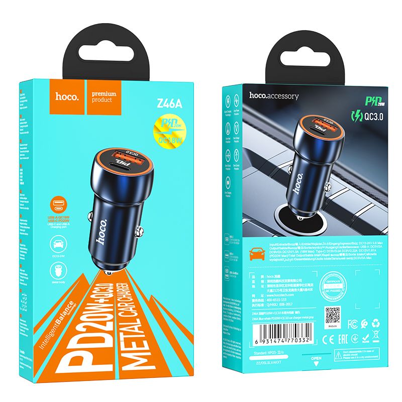 Încărcător auto USB-A + USB-C, PD QC3.0, 3A, 20W, Hoco Z46A, albastru safir