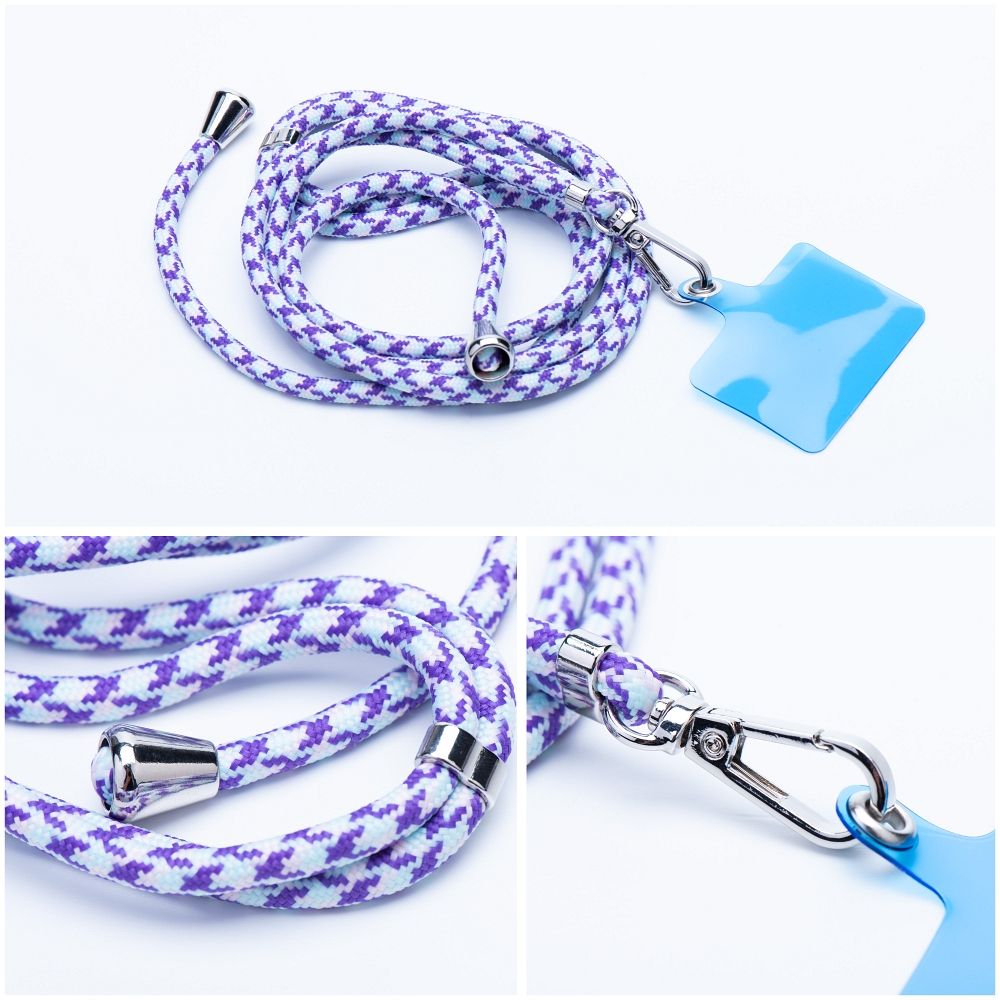 Șnur telefon SWING (6mm), pandantiv cu lungime reglabilă / lungime cablu 165cm (max 82,5cm în buclă) / pe umăr sau gât – alb – violet